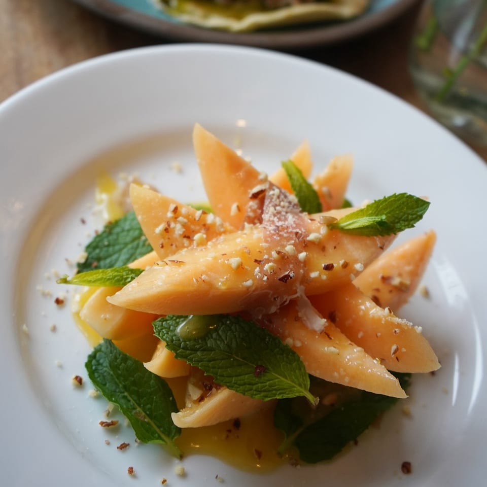 Cantaloupe slices with mint leaves, nuts, and a drizzle of dressing on a white plate.