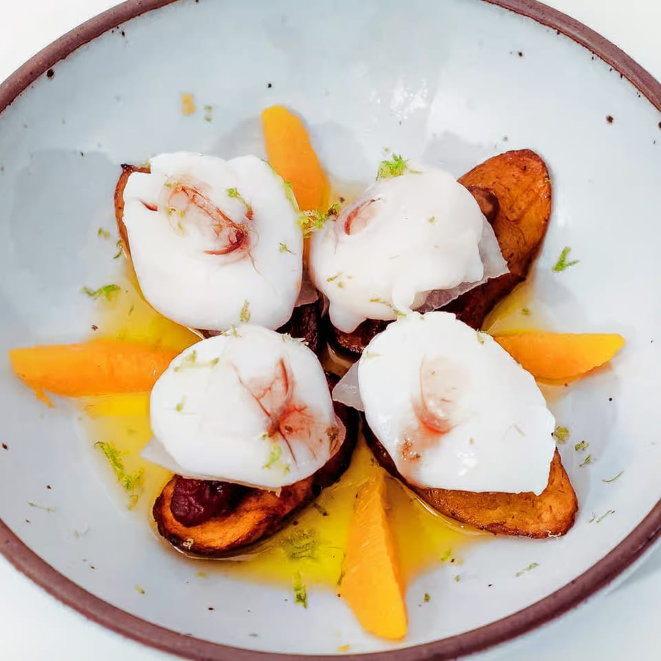 LOLA's Mexican dish features four white seafood portions on crispy plantains, garnished with lime zest and orange slices.