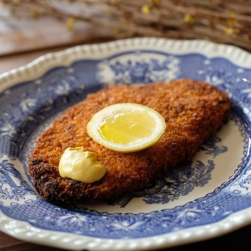 Crispy breaded cutlet with a lemon slice and mustard dollop on a blue and white patterned plate.